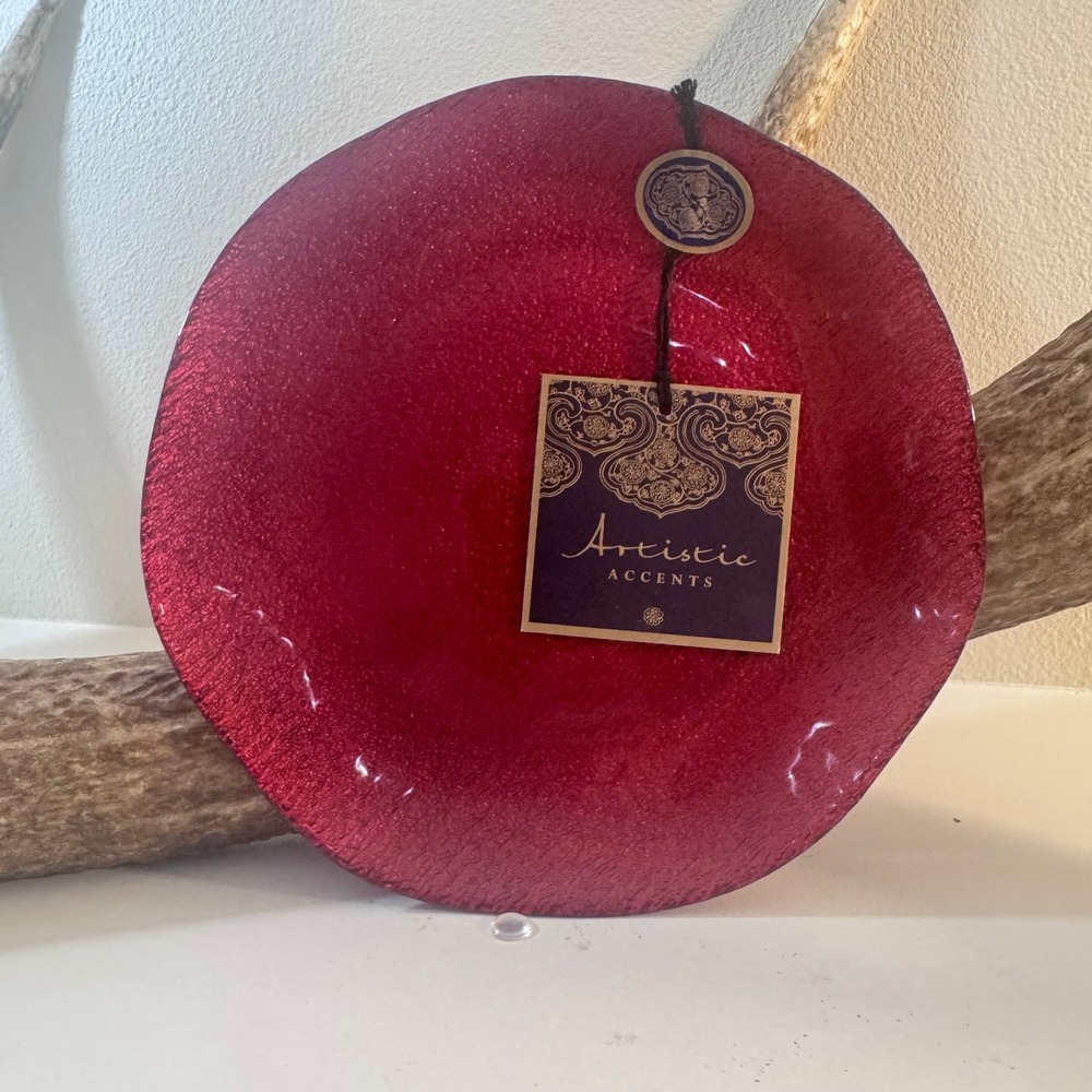 Artistic Accents Red Glass Bowl Hand Decorated Textured Metallic Crimson 8 Inch